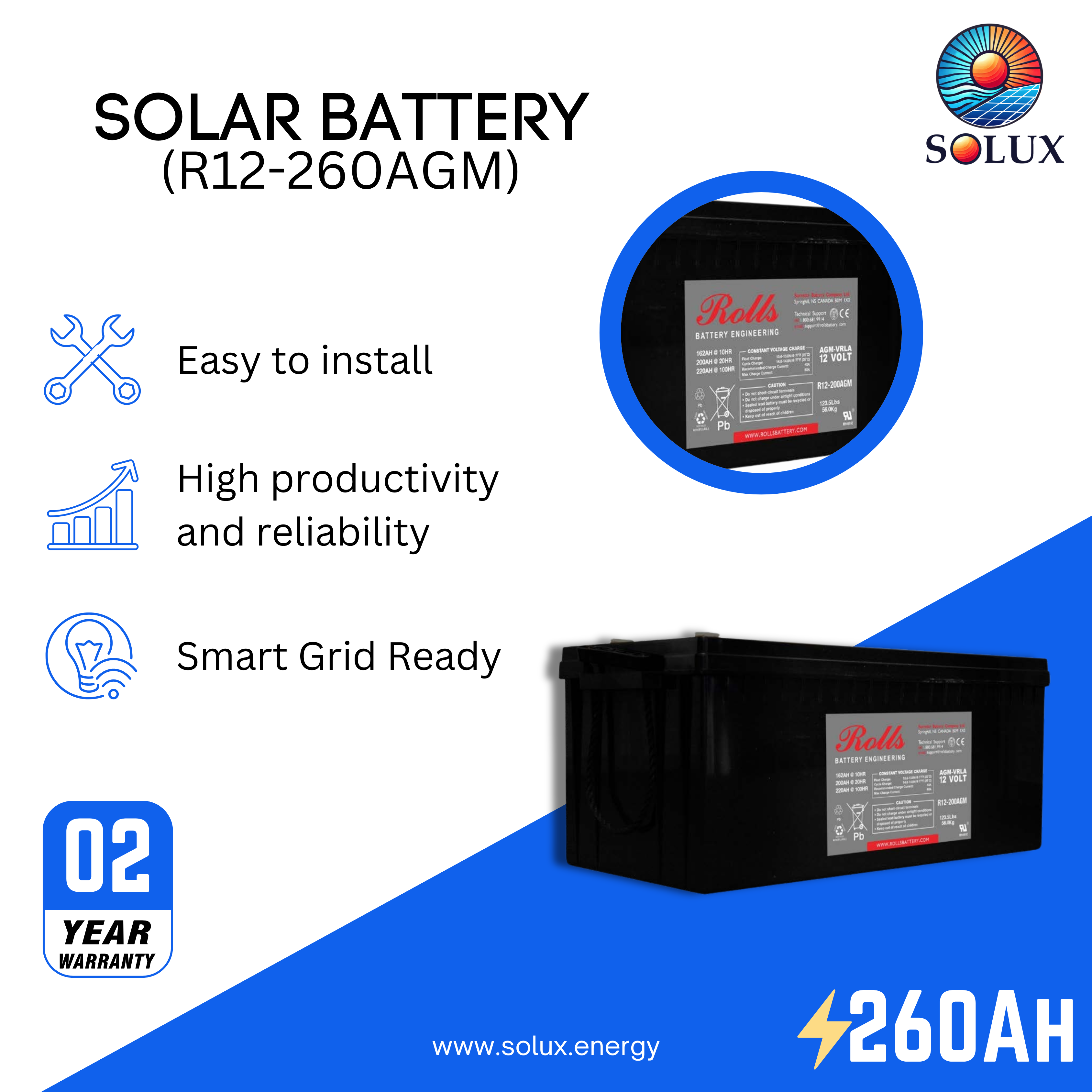 This is an image of Rolls Surrette 12v Deep Cycle 260 AGM Battery